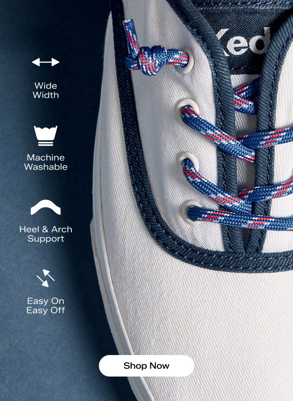 A blue background and a close-up, overhead view of the Rillax Champ Washed Twill Pop Binding Slip-On in snow white/navy. Icons and text on the left side include Wide Width, Machine Washable, Heel & Arch Support, Easy On Easy Off. Shop Now.