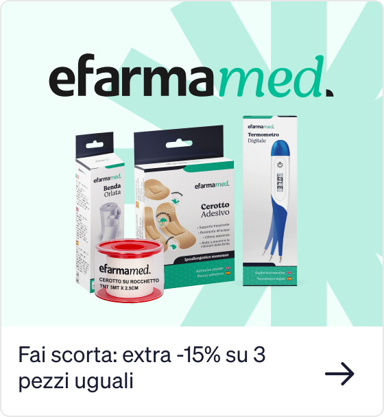 Efarmamed products: adhesive plasters, elastic bandage, tape roll and digital thermometer — promo: extra 15% off when buying 3 identical items