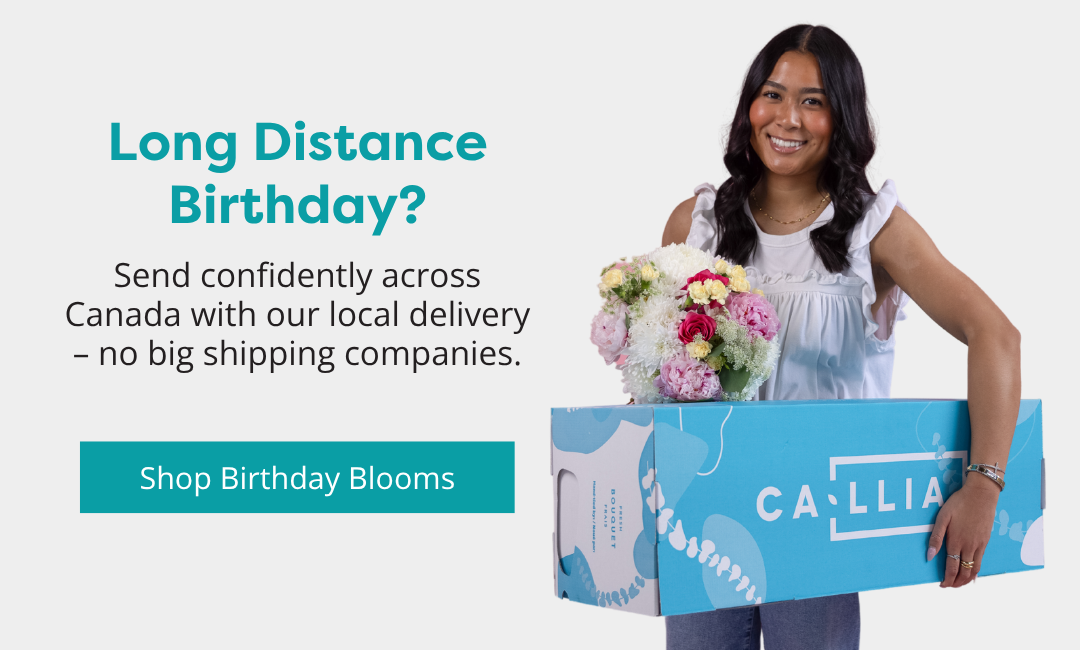 Woman holding Callia's Peony bouquet and delivery box