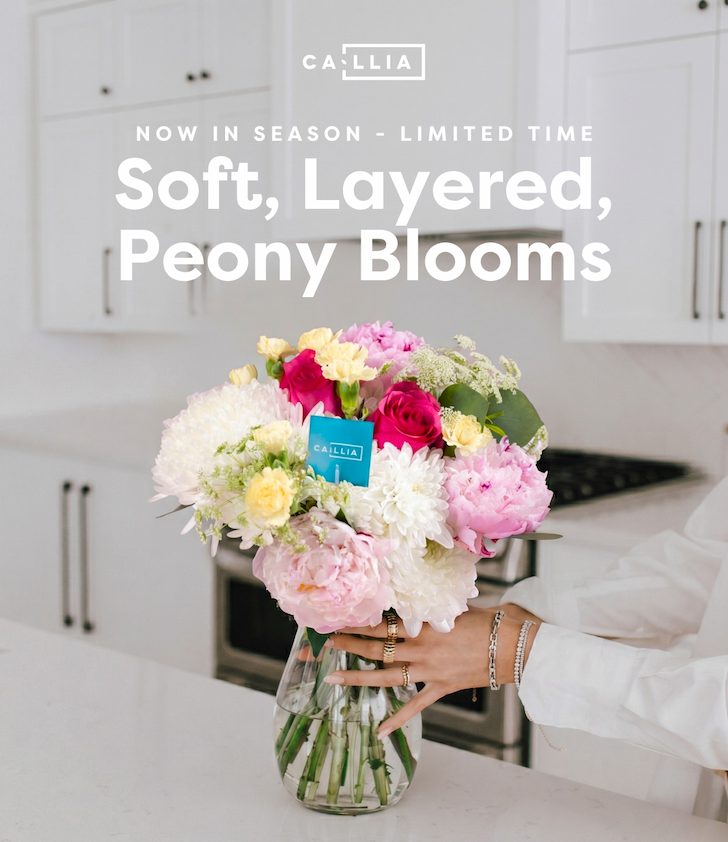 Callia's The Peony bouquet in a vase on kitchen counter