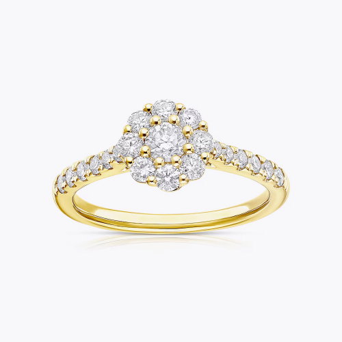 Engagement Ring 18ct Yellow Gold Flower Halo 0.75ct Diamond Ring