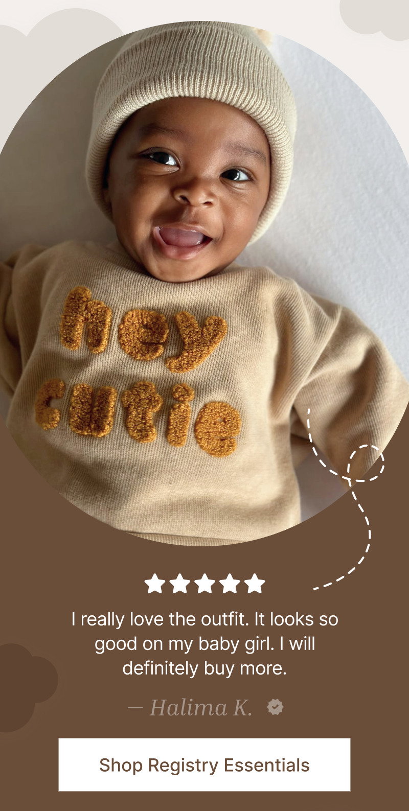 Smiling baby in a knitted hat and sweater above a brown review card with star rating, customer quote, and small button.