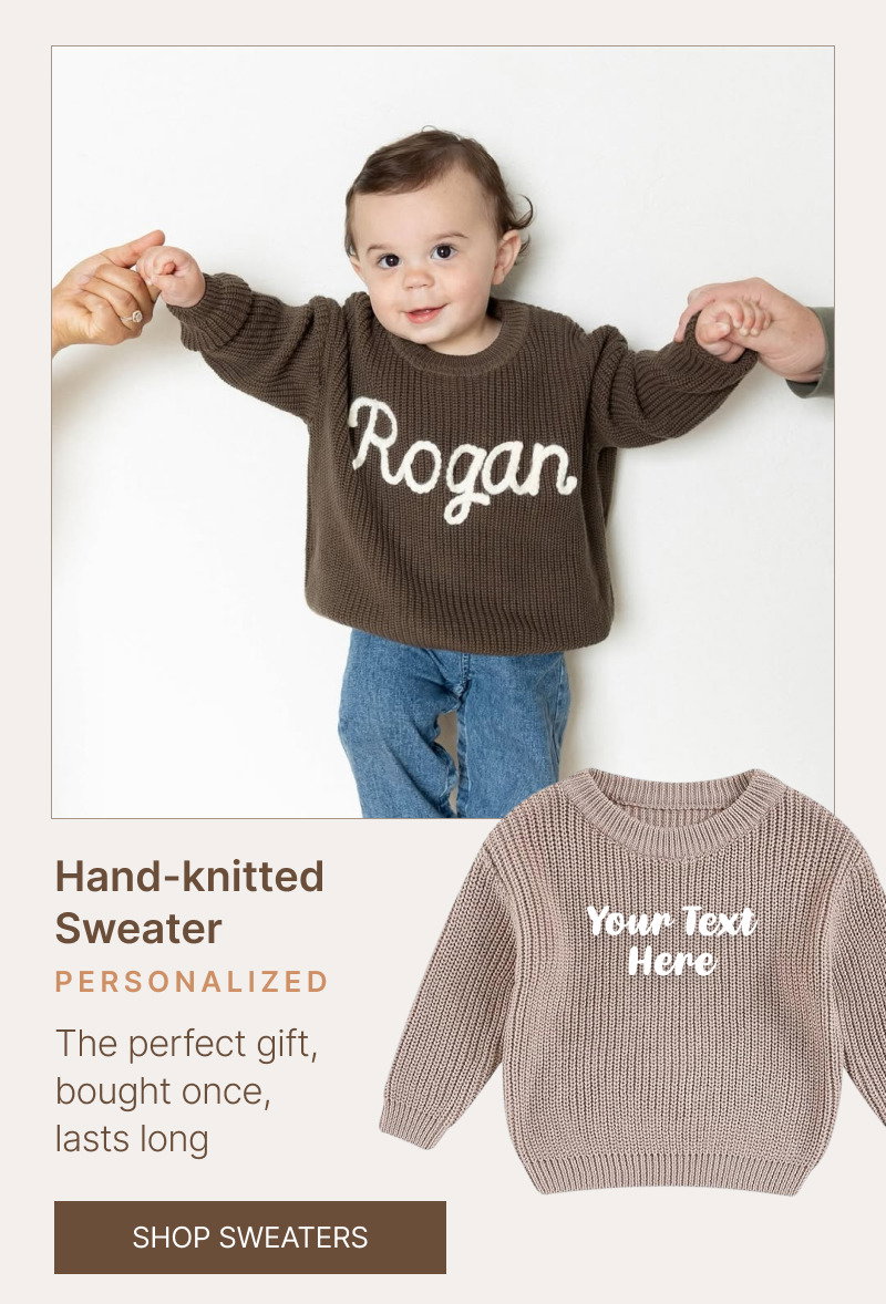 Child wearing a dark personalized sweater shown beside folded knit sweater product images on a cream background.