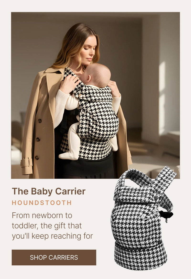 Woman wearing a black and white baby carrier in a softly lit room, shown beside matching product images.