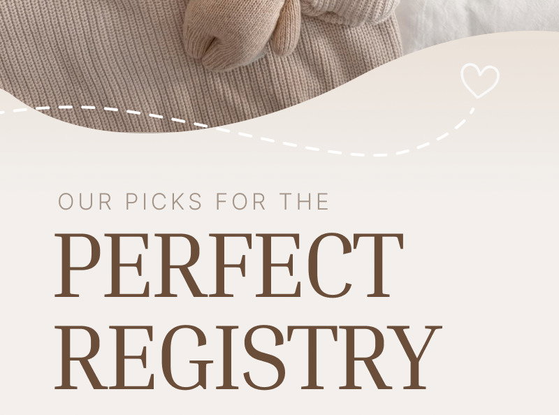 Beige knit blanket with floral crochet details, a small teddy toy, and large text reading Your Perfect Registry.