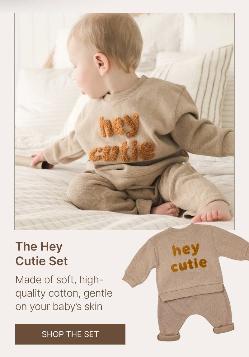 Child wearing a light sweater shown beside matching sweater product images with warm beige and orange details.
