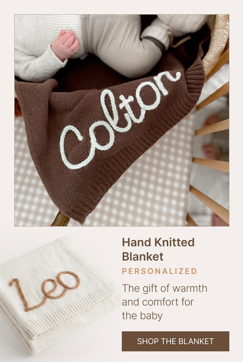 Personalized knitted blanket shown with baby photos and close-up blanket details in soft neutral nursery colors.