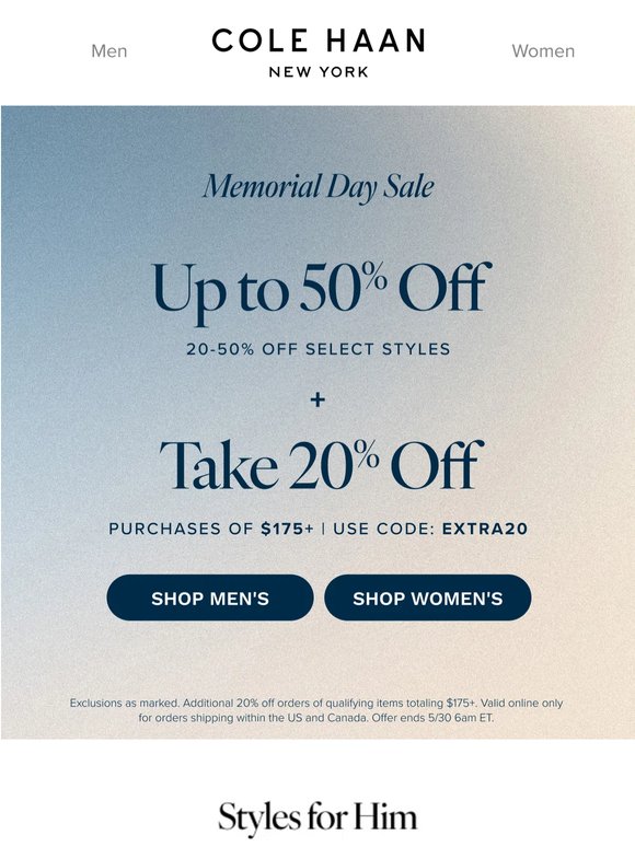 Memorial Day Sale starts now: Up to 50% off select styles