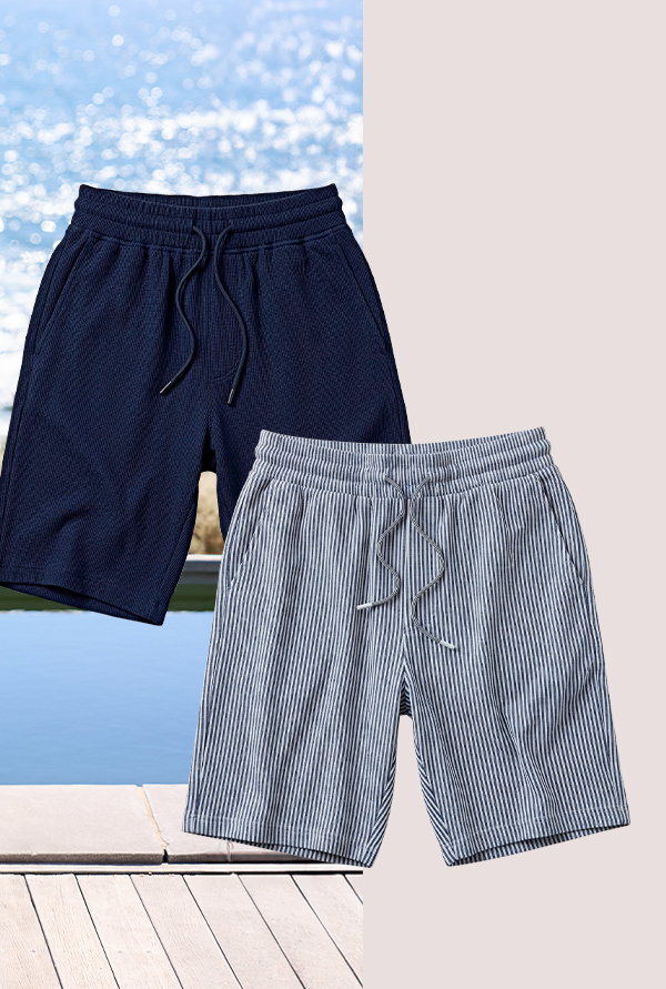Shorts, 2er-Pack, Dunkelblau und Weiß mit Streifen, Elastikbund mit Kordelzug, Produktansicht, Vorderansicht