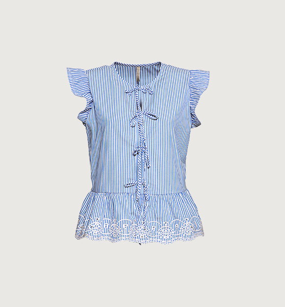 Bluse, Blau-Weiß gestreift, Volantärmel, Spitze am Saum, Produktansicht, Vorderansicht