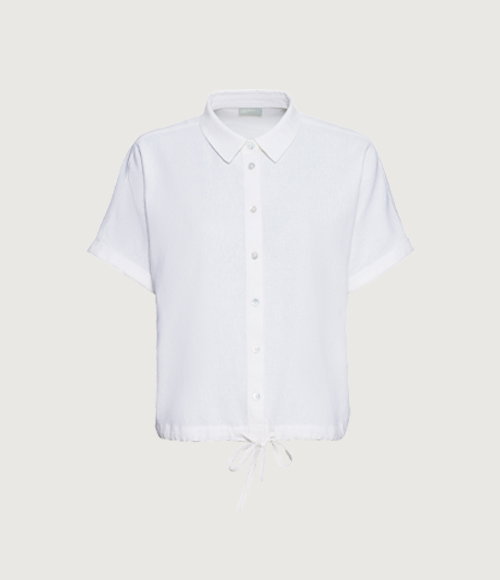 Bluse, Weiß, Kurzarm, Knopfleiste, Kragen, Bindeband am Saum, Produktansicht, Vorderansicht