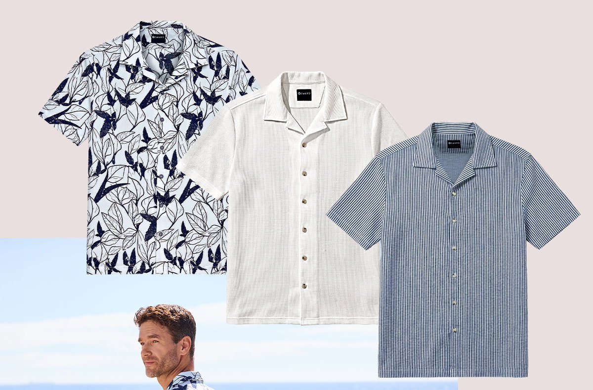 Herrenmodel trägt kurzärmliges Hemd, weiß mit blauem Blumenmuster, Vorderansicht