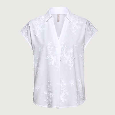 Bluse, Weiß, florales Muster, kurzer Arm, Kragen, Produktansicht, Vorderansicht