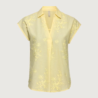 Bluse, Gelb, Kurzarm, florales Muster, Kragen, Produktansicht, Vorderansicht