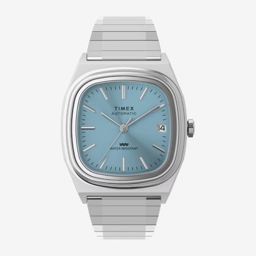 Timex Automatic Women's 1983 E Line Ice Blue Square Dial Silver Tone Stainless Steel Bracelet Watch