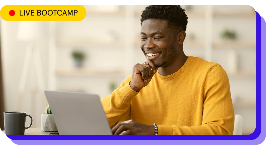 A person on a laptop attending a live bootcamp