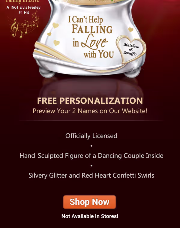 FREE PERSONALIZATION, Preview Your 2 Names on Our Website! Officially Licensed, Hand-Sculpted Figure of a Dancing Couple Inside and Silvery Glitter and Red Heart Confetti Swirls. Not Available in Stores! Shop Now!