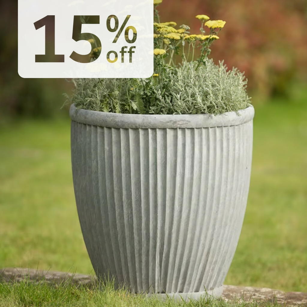 A grey planter with a 15% off discount overlay.