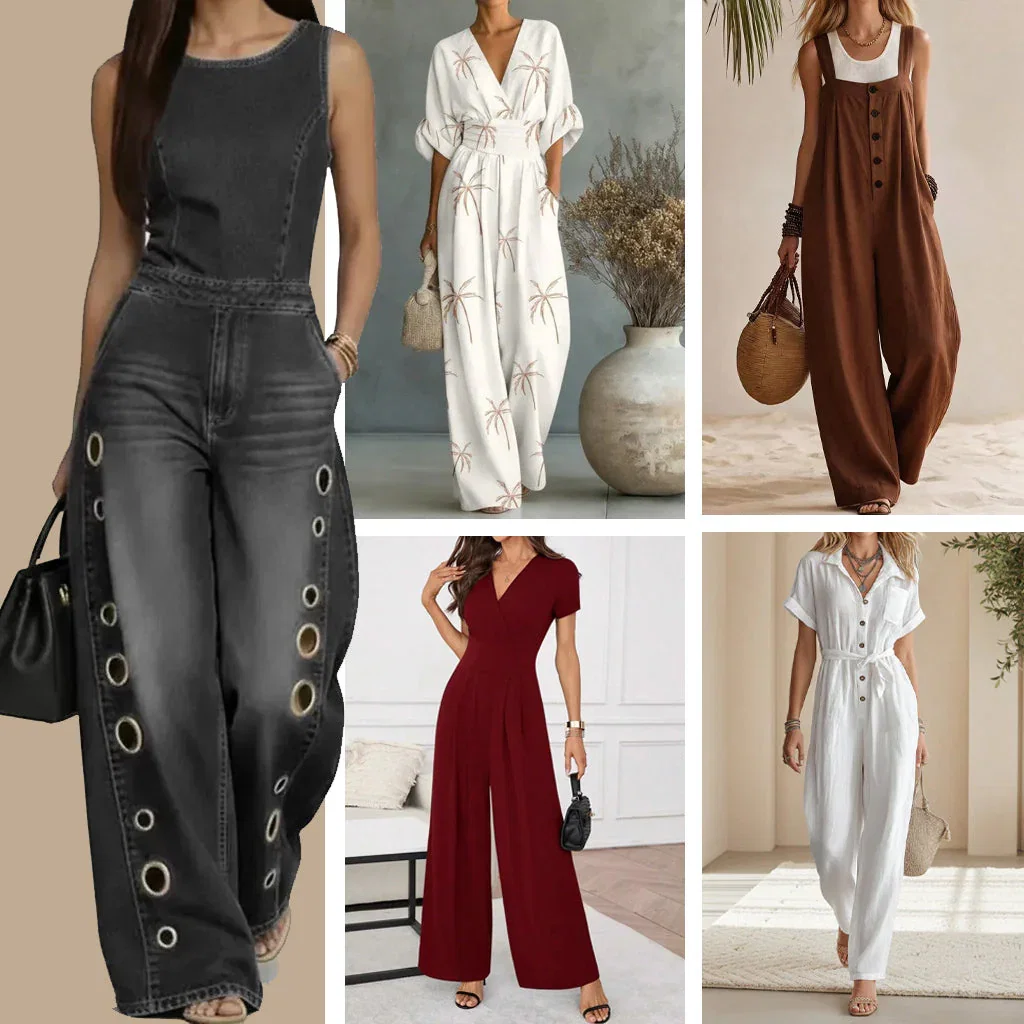 Women's Jumpsuit collection featuring five styles in black denim, white, brown, burgundy, and cream with various necklines and sleeve options.