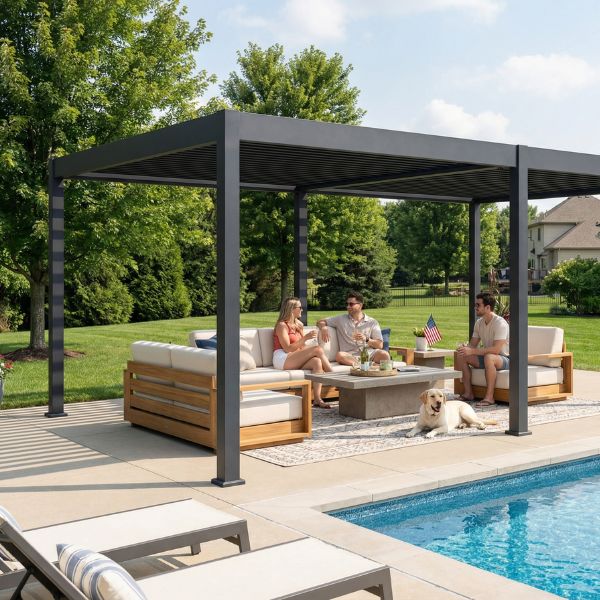 Friends sitting by the pool under louvered pegola