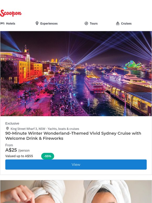 Top Experiences Near You! Winter Wonderland-Themed Vivid Sydney Cruise, 3-Hour Tranquillity Spa Package near Town Hall, Waterfront 2-Course Lunch at Ripples Chowder Bay & More