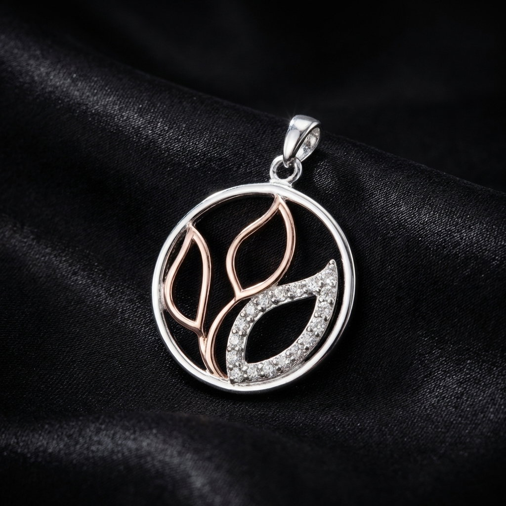 Pendentif Argent 925 Rhodié et Rosé motif Fleurs et Oxydes