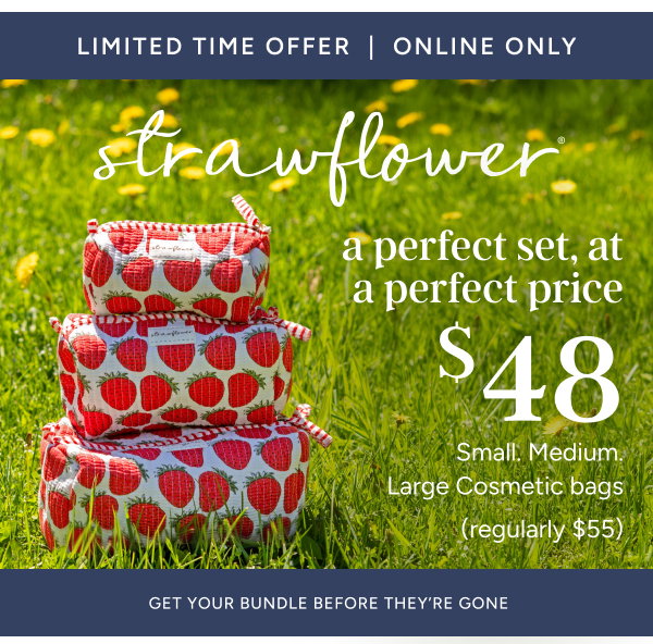 limited time offer | online only | $48 strawflower cosmetic bags (regularly $55)