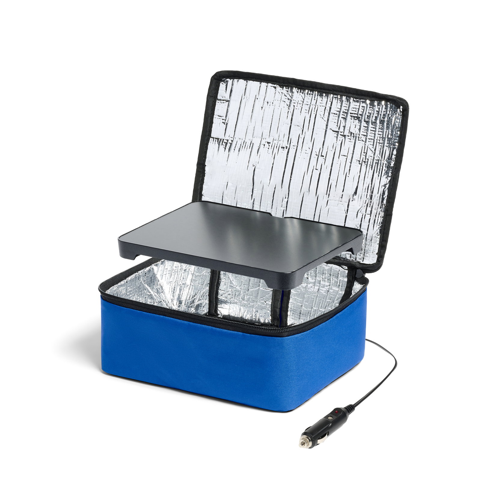HOTLOGIC® MINI 12V personal portable oven in blue with hot shrimp pasta inside
