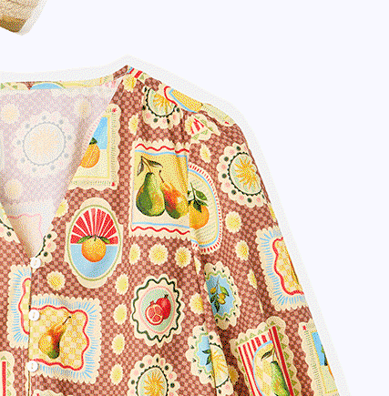 Brown Postcard Print V-Neck Button Up Blouse