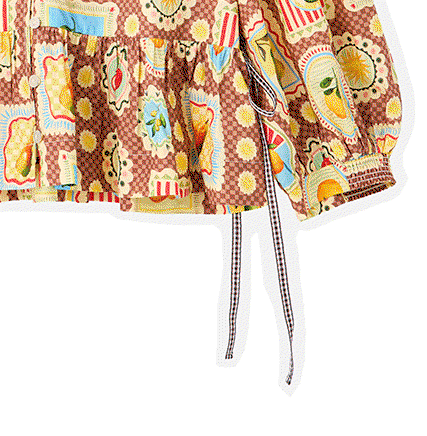 Brown Postcard Print V-Neck Button Up Blouse