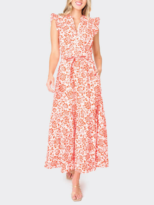 Notch Neck Flutter Sleeve Maxi Dress