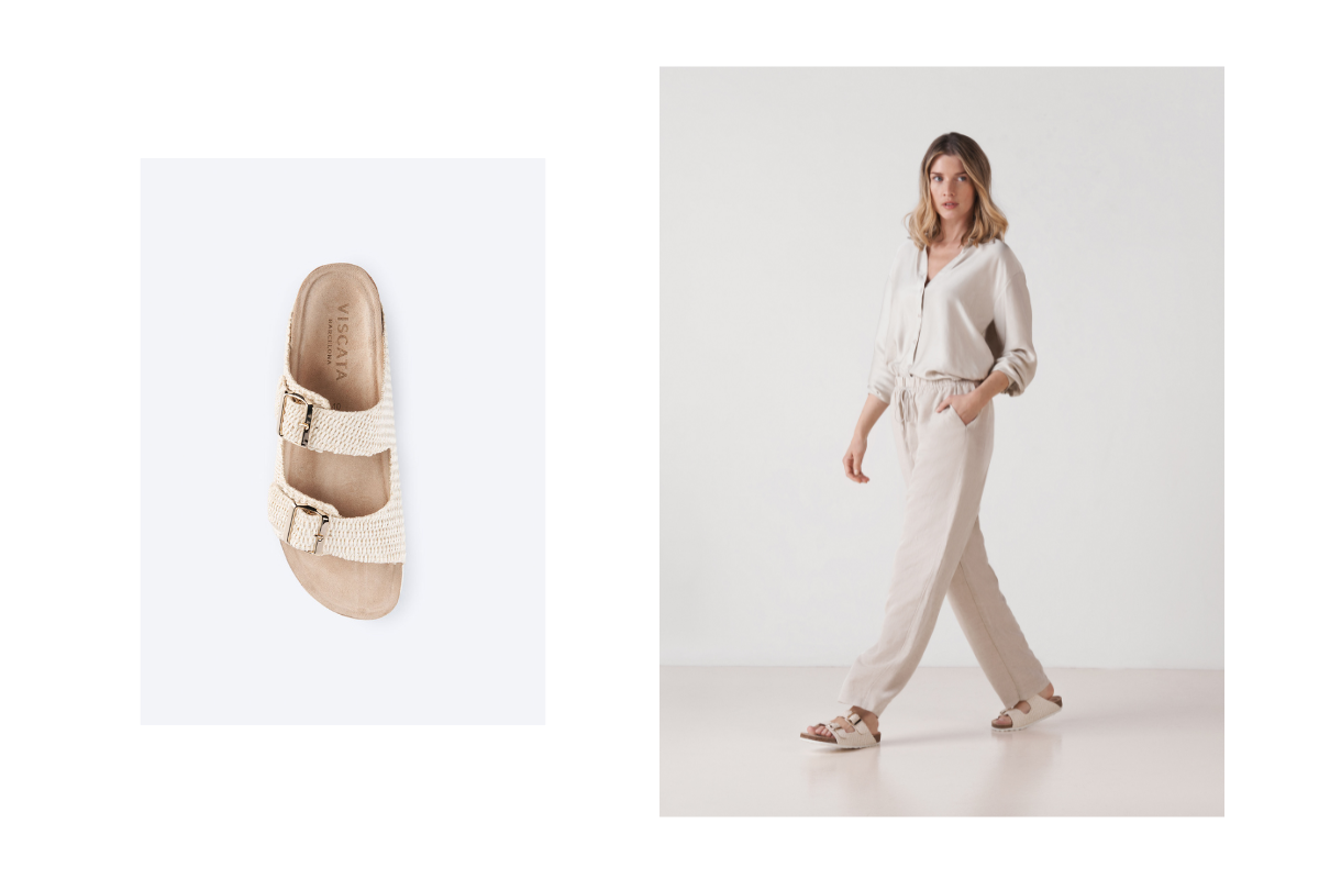 Beige double-buckle espadrille sandals styled with a relaxed neutral outfit in a minimalist studio collage.
