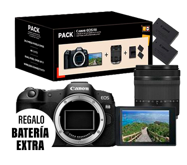 Pack Fnac Cámara EVIL Canon EOS R8 + RF 24-105mm f/4-7,1 IS STM + Batería extra 