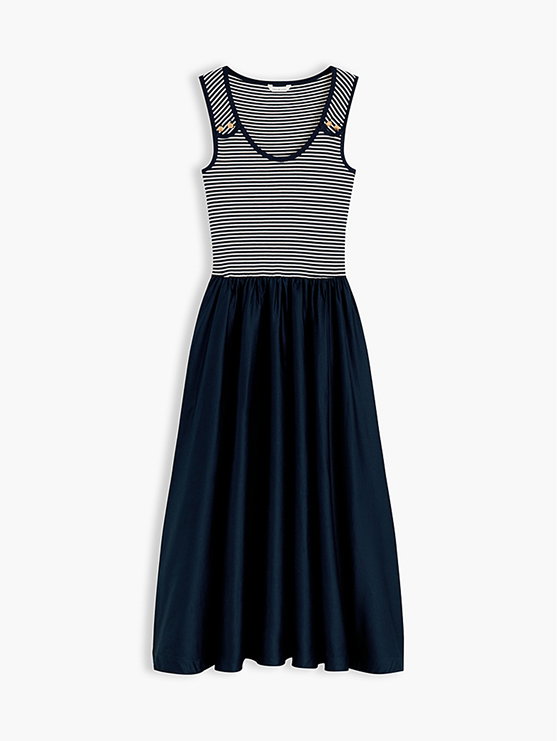 Gold Tone Button Slim Mixed Midi Dress