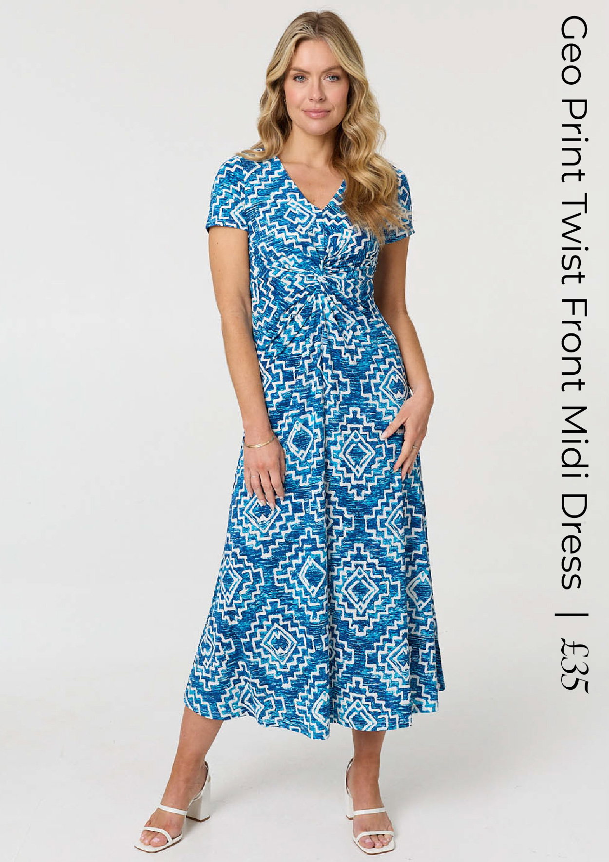Geo Print Twist Front Midi Dress | Shop Now