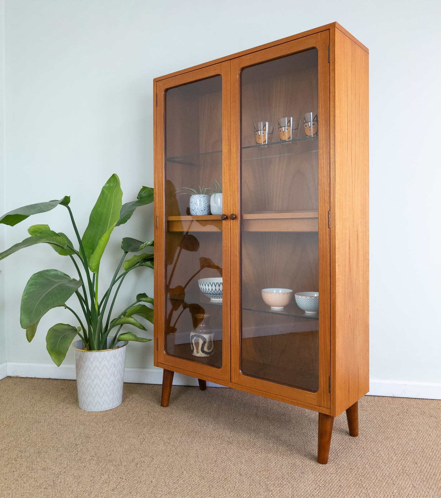 Refinished Vintage Mid Century Teak G Plan Glazed Bookcase Display Drink Cabinet
