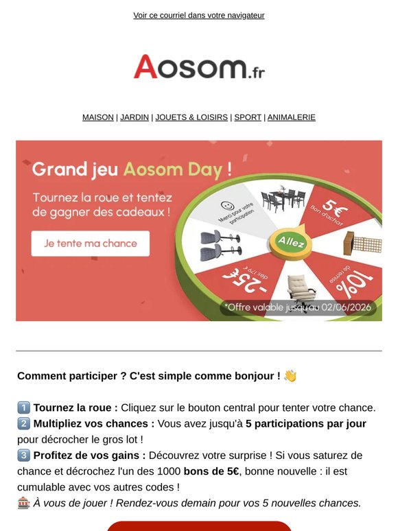 🎡 Aosom Day : 5 chances PAR JOUR pour gagner !