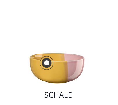 Freigestellte Abbildung einer zweifarbigen Schale, innen gelb und außen rosa, mit der Beschriftung ‚SCHALE‘.