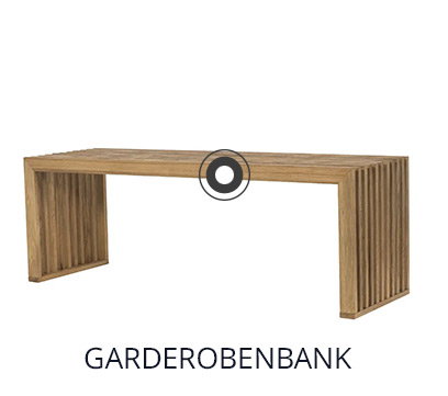 Freigestellte Abbildung einer schlichten Garderobenbank aus hellem Holz, gefertigt aus vertikalen Lamellen, mit der Beschriftung ‚GARDEROBENBANK‘.