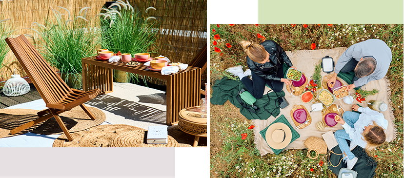 Zweiteilige Collage zum Thema Outdoor-Genuss: Das linke Bild zeigt einen modern gestalteten Holz-Liegestuhl neben einem passenden niedrigen Tisch, der mit buntem Geschirr gedeckt ist. Das rechte Bild zeigt eine Vogelperspektive auf eine Familie bei einem Picknick auf einer Blumenwiese, umgeben von verschiedenen Speisen und bunten Tellern.