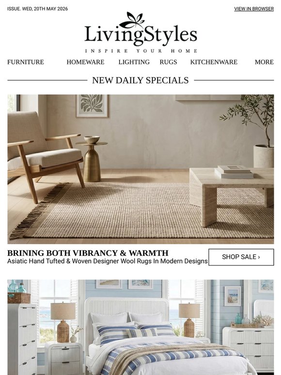 Asiatic Hand Tufted & Woven Designer Wool Rugs In Modern Designs, Charming Hamptons Style Reclaimed Timber Furniture Designs, Wedgwood Vera Wang...