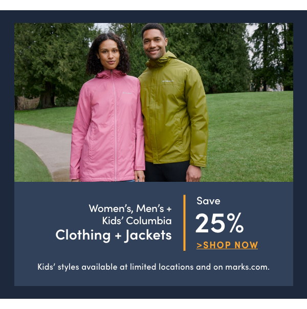 Women's, Men's + Kids' Columbia Clothing + Jackets Save 25%