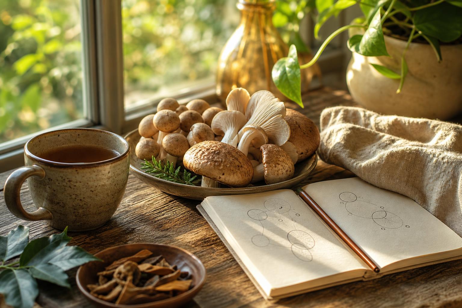 A warm morning table with mushrooms, tea, and a notebook in soft window light