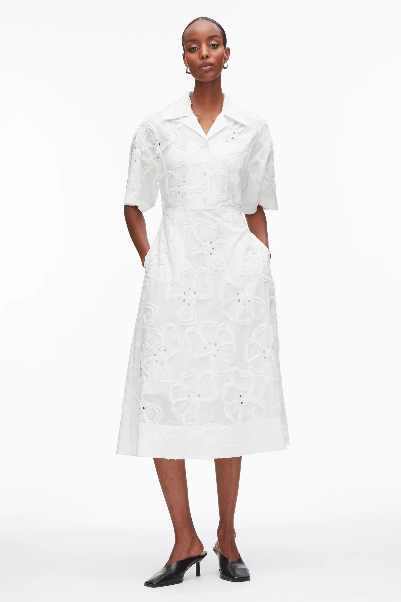 Image of Embroidered Midi Shirt Dress