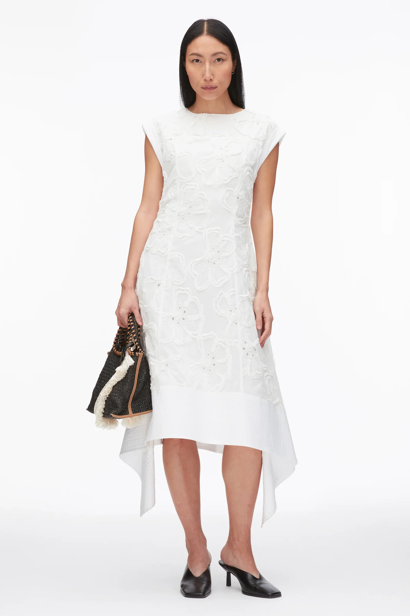 Image of Embroidered Belted Midi Dress with Handkerchief Hem