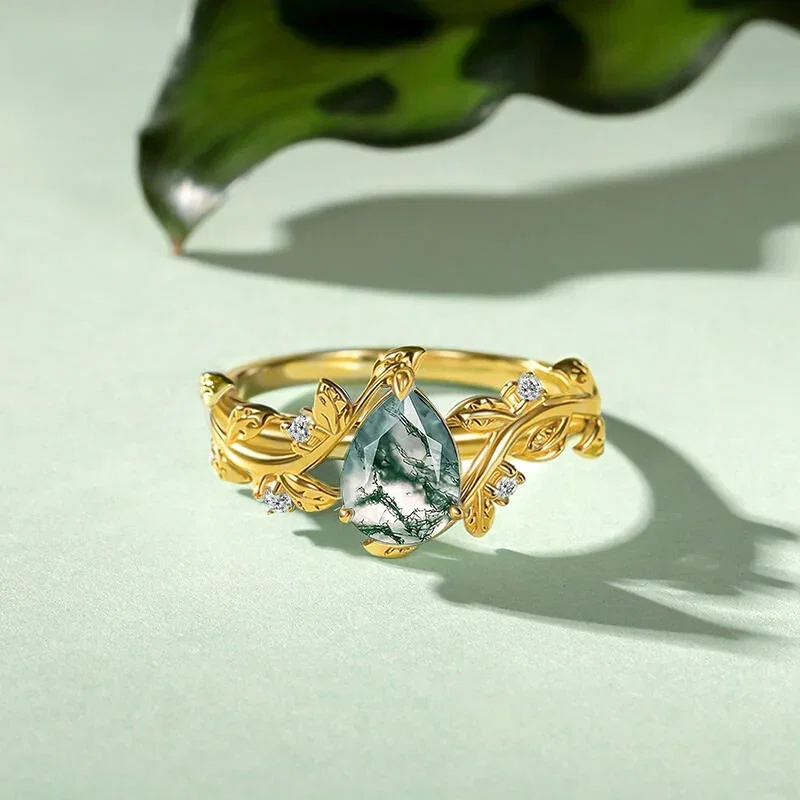 Bypass Gold Pear Cut Moss Agate Engagement Ring
