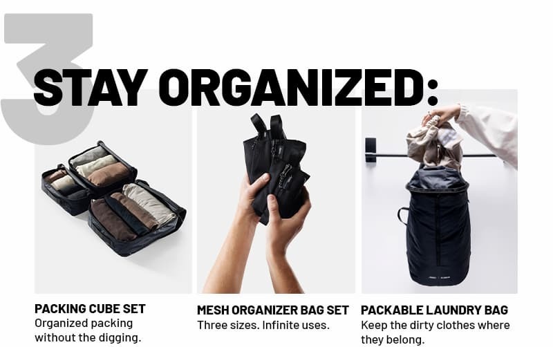 Stay Organized: Packing cube set, mesh organizer bag set, packable laundry bag