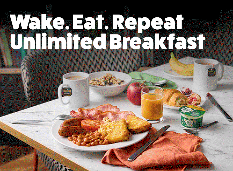 Travelodge Unlimited Breakfast — a spread of hot and cold favourites