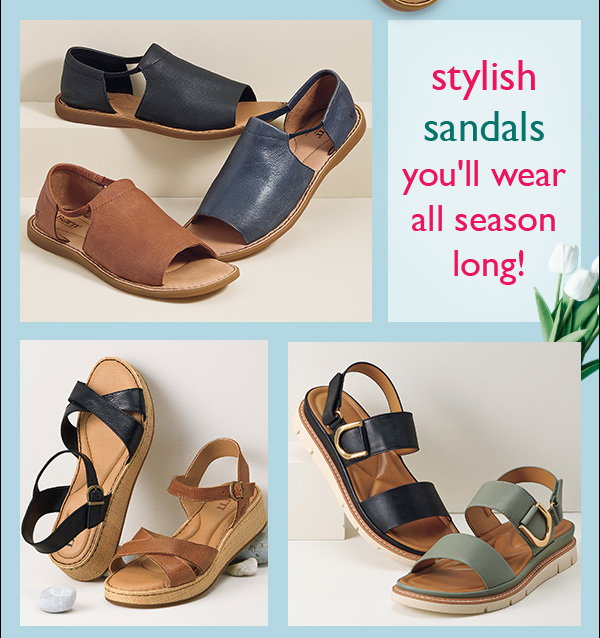 An image promoting stylish sandals you'll wear all season long featuring 5 different sandal styles and a shop now button.