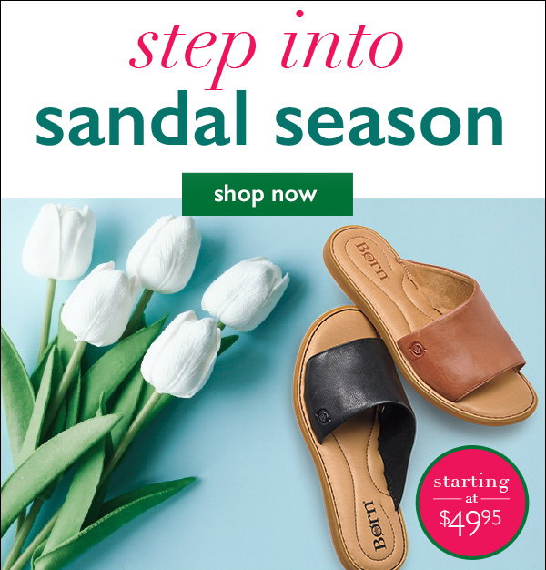 An image promoting new sandals at NorthStyle featuring leather slides under $50 and a shop now button.